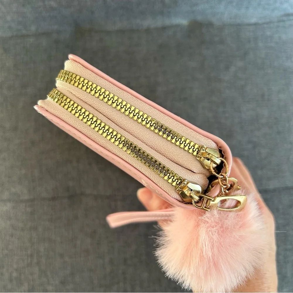 Pink Patent Butterfly Double Zip Around Wallet / Wristlet with Pom Pom Charm
